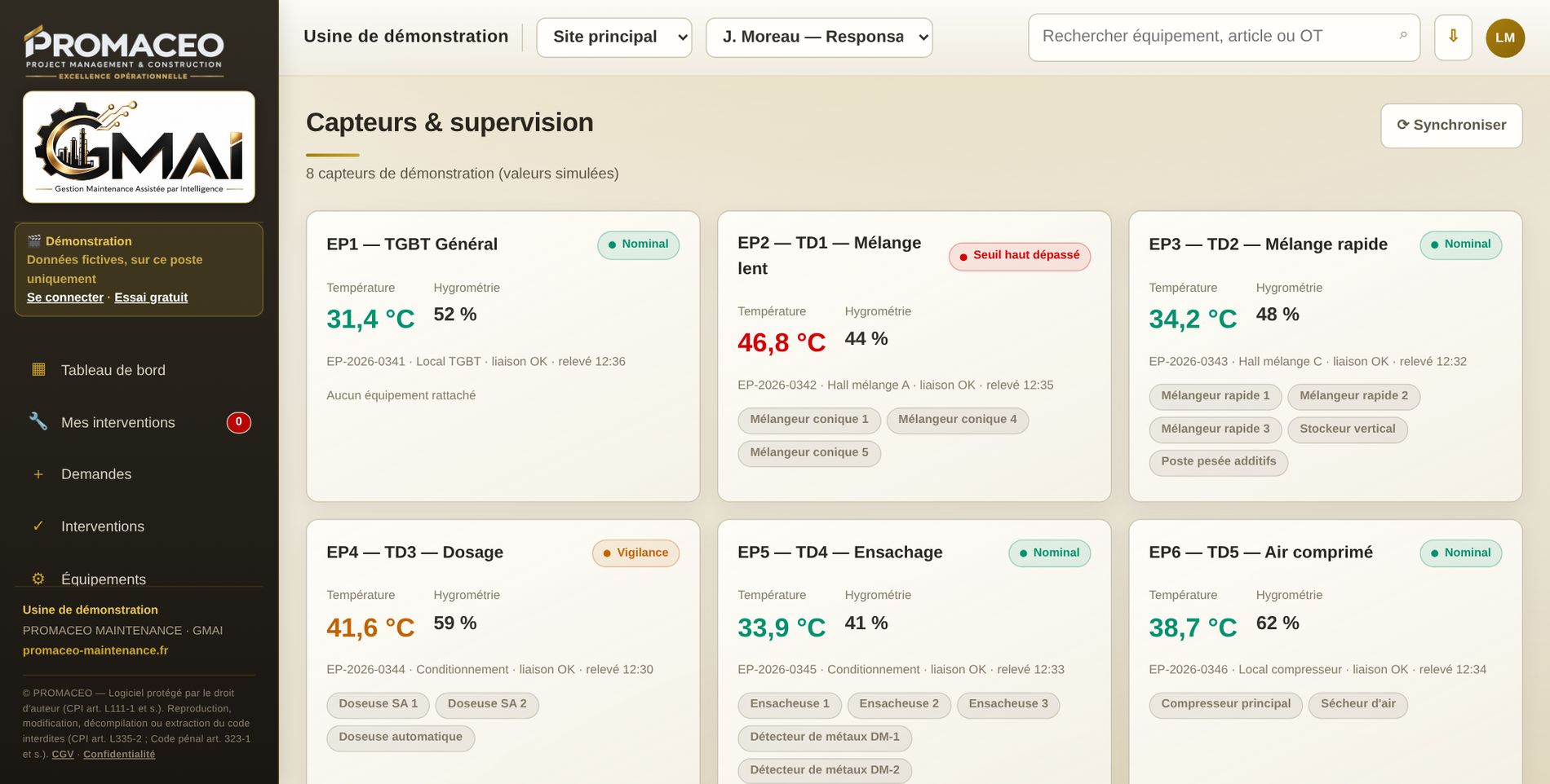 Page de supervision des capteurs (démonstration)